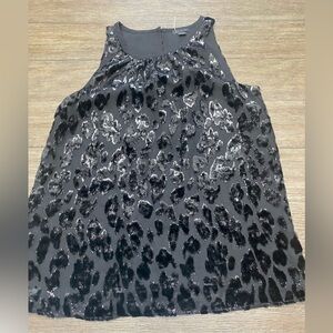 Ann Taylor sleeveless black velvet leopard design lined tunic top blouse size xs